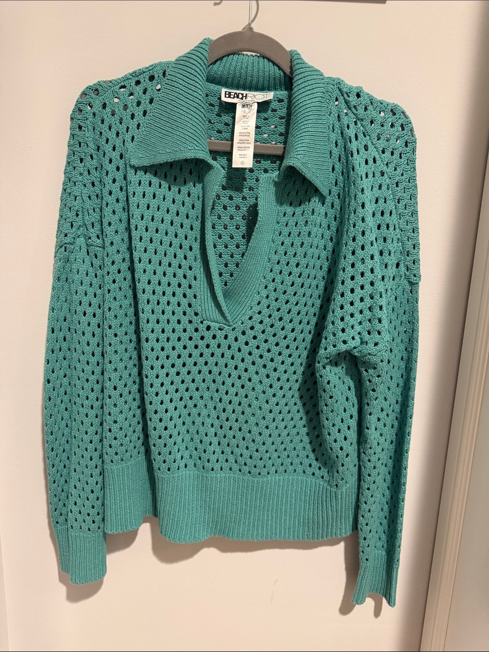Beach Riot Teal Open-Knit V-Neck Collared Sweater - Picture 1 of 3